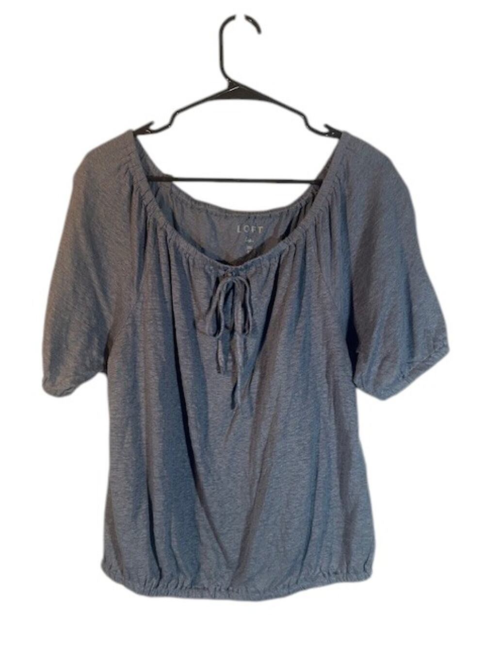 Ann Taylor LOFT Womenโs Blue Short Sleeve Relaxed Fit Linen Blouse Size Medium